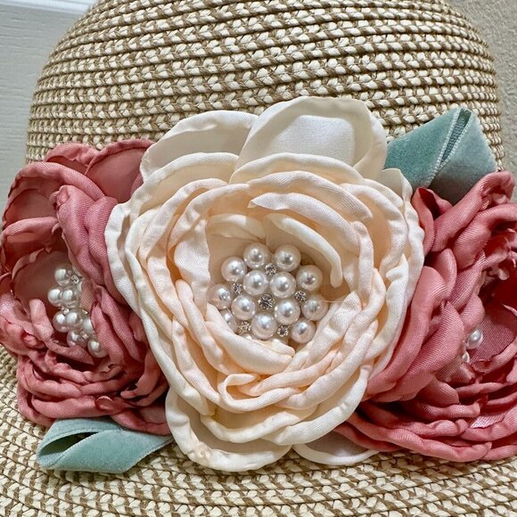Special Event Elegant Women\'s Tweed Sun Hat With Satin Flowers And Pearls (NEW) main image 14